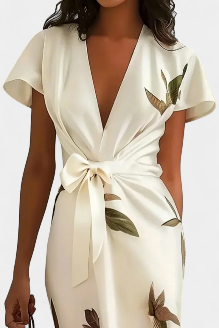 Dhalia Robe Croisée à Décolleté en V et Nœud Latéral à Imprimé Feuilles