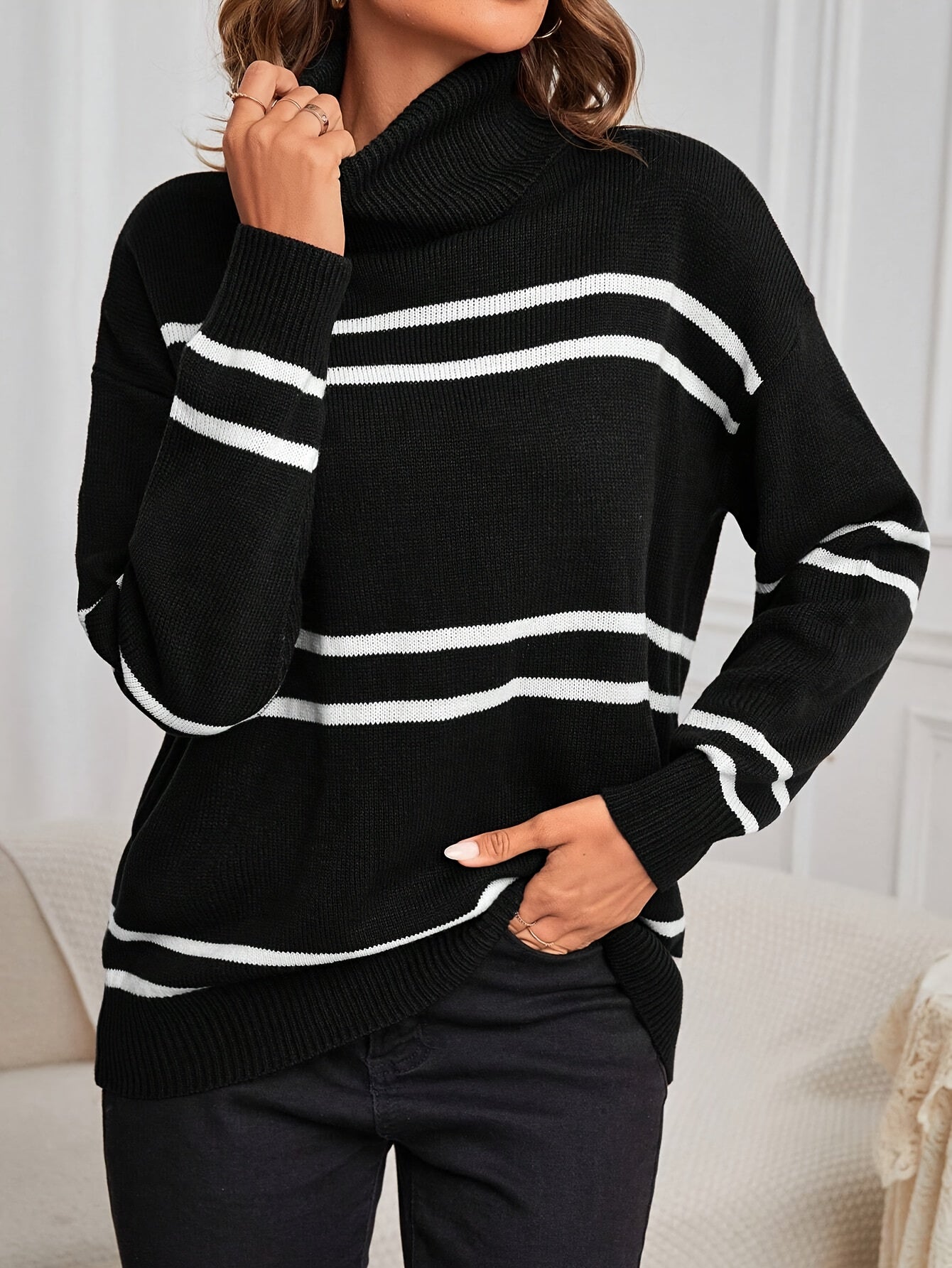 Maison La Veine™ | Pull Thea Rayé Col Montant