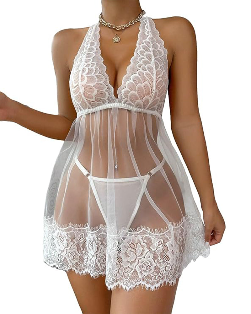 Maison La Veine™ | Nuisette à Col Halter en Dentelle avec String
