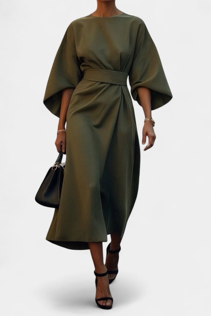Micaela Robe Midi à Manches Lantern et Taille Définie