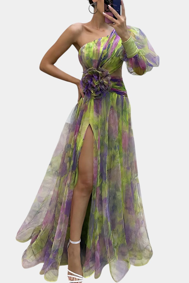 Amelie Robe Asymétrique à Imprimé Aquarelle et Détail Floral