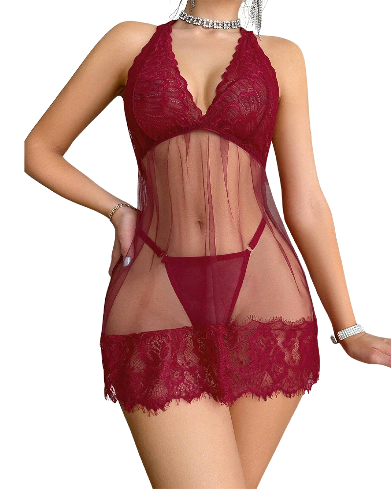 Maison La Veine™ | Nuisette à Col Halter en Dentelle avec String