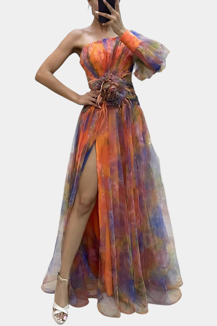 Amelie Robe Asymétrique à Imprimé Aquarelle et Détail Floral