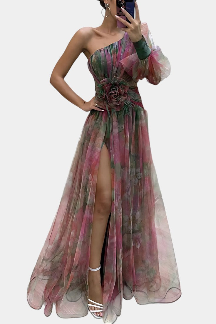 Amelie Robe Asymétrique à Imprimé Aquarelle et Détail Floral