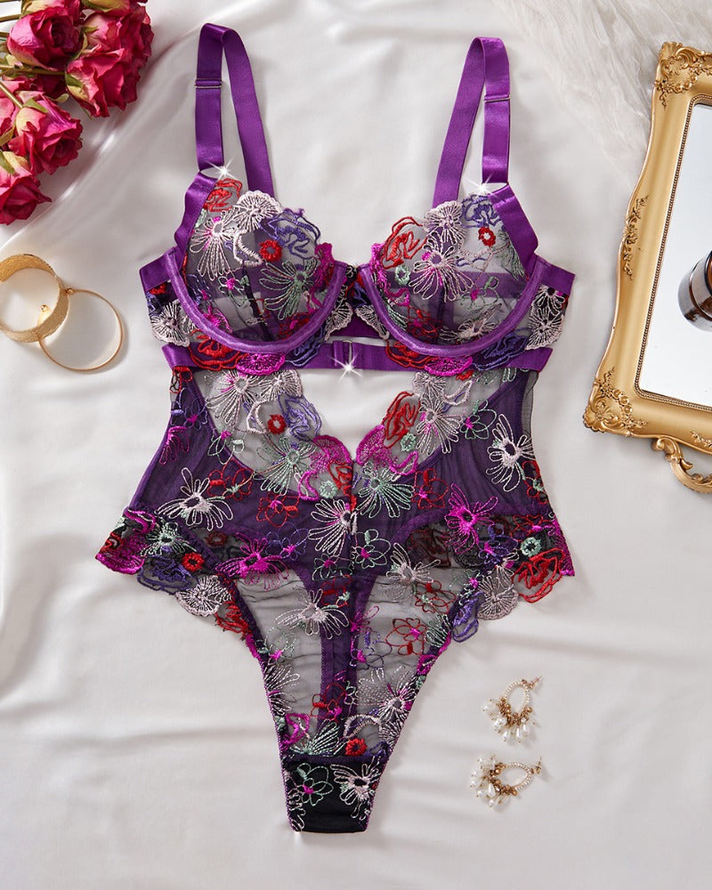 Maison La Veine™ | Ensemble de Lingerie en Mesh Élégant avec Broderie Florale & Détails Découpés