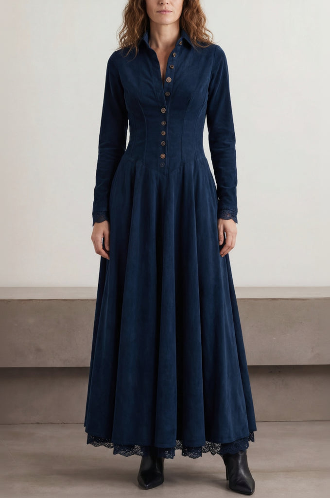 Maravilla Robe Longue en Suédine avec Col Chemise et Dentelle