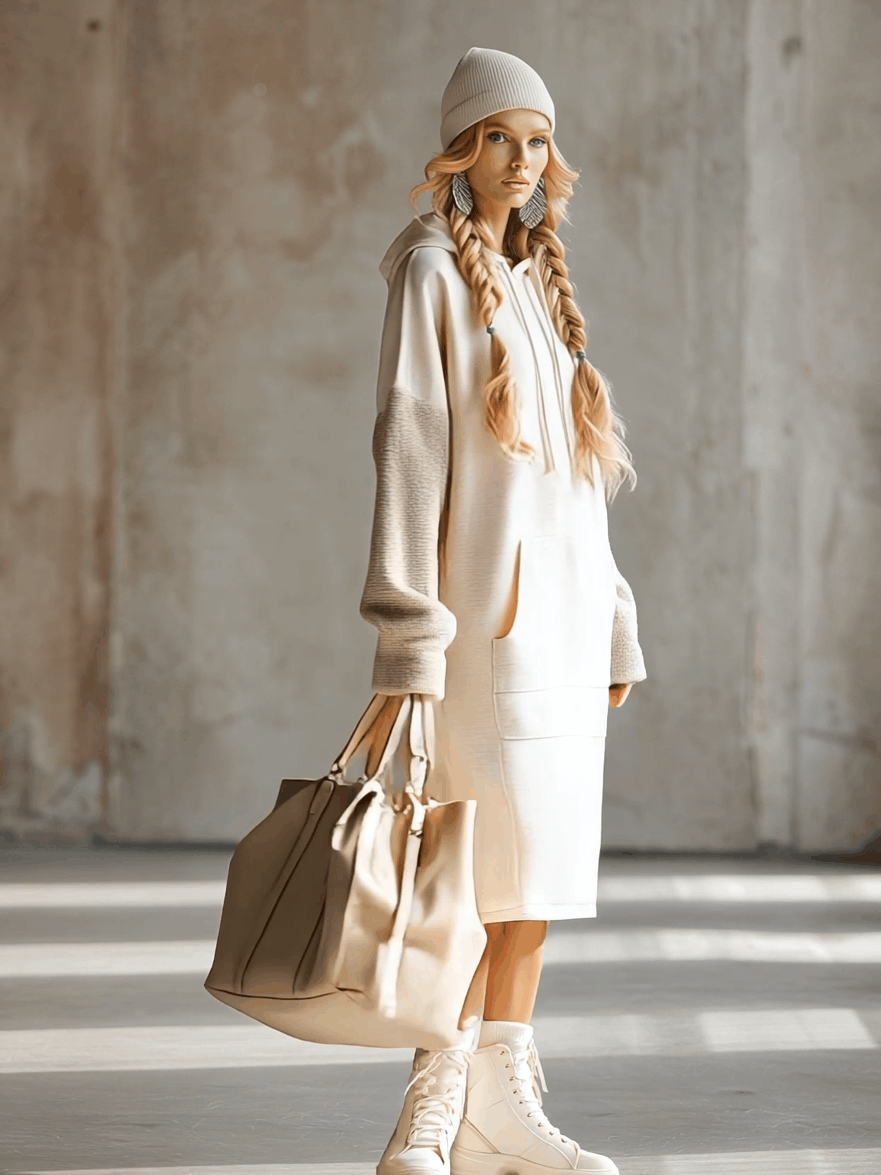 Ivayla Robe Midi Sweat à Capuche en Polaire Beige