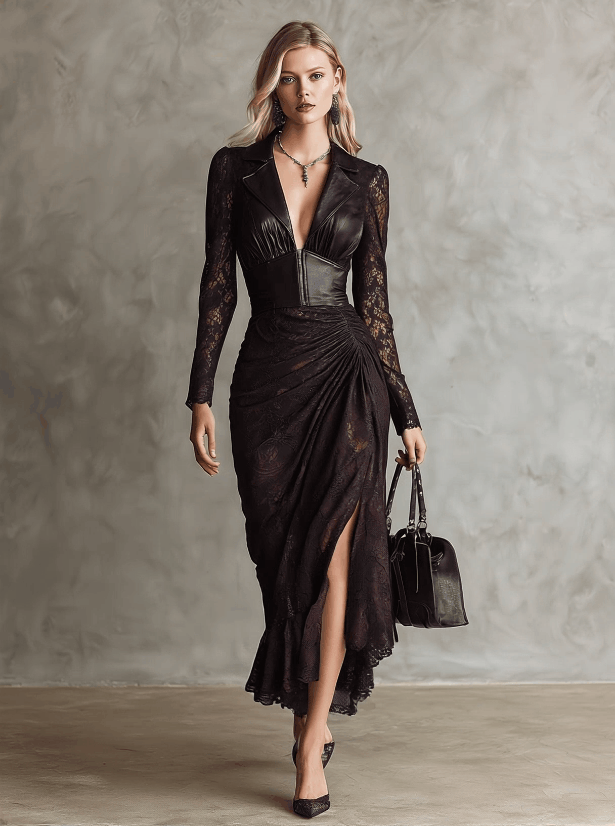 Alunna Robe Maxi Vintage en Simili-Cuir & Dentelle