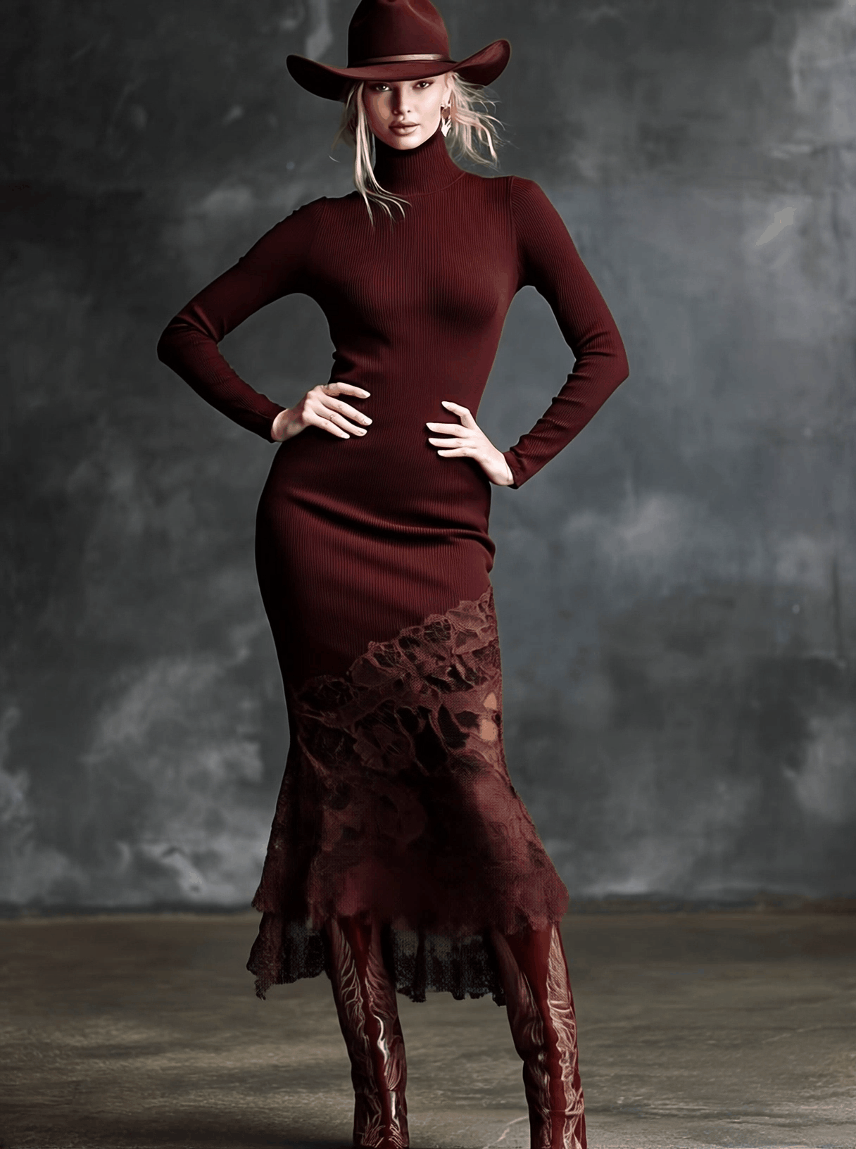 Avaria Robe Maxi Tricotée Bordeaux à Col Montant et Ourlet en Dentelle