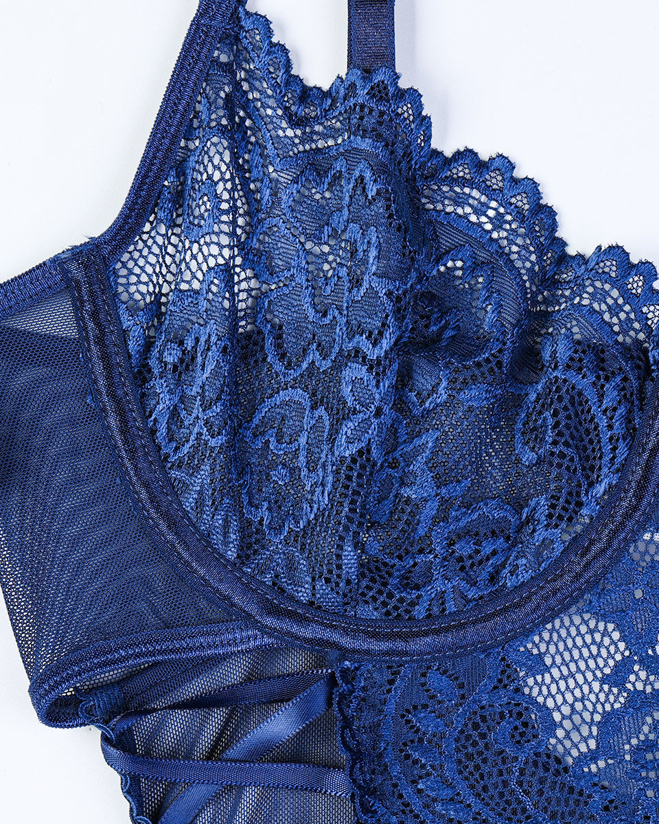 Maison La Veine™ | Body transparent à dentelle avec motif floral et nœud sur le côté