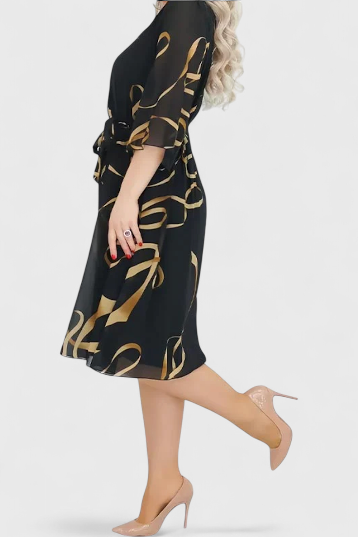 Ame Robe Midi à Imprimé Abstrait et Ceinture Ajustable