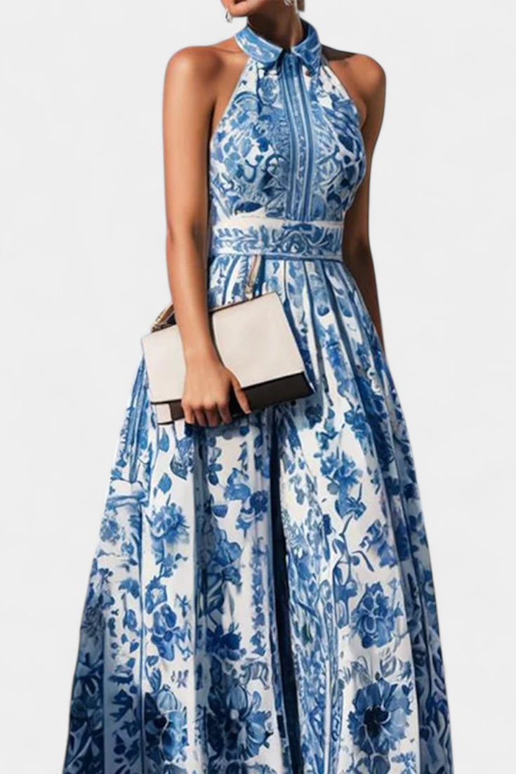 Shante Robe A-Line Sans Manches à Imprimé Porcelaine et Col Revers