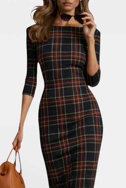 Axelle Robe Midi à Carreaux avec Manches Trois-Quarts