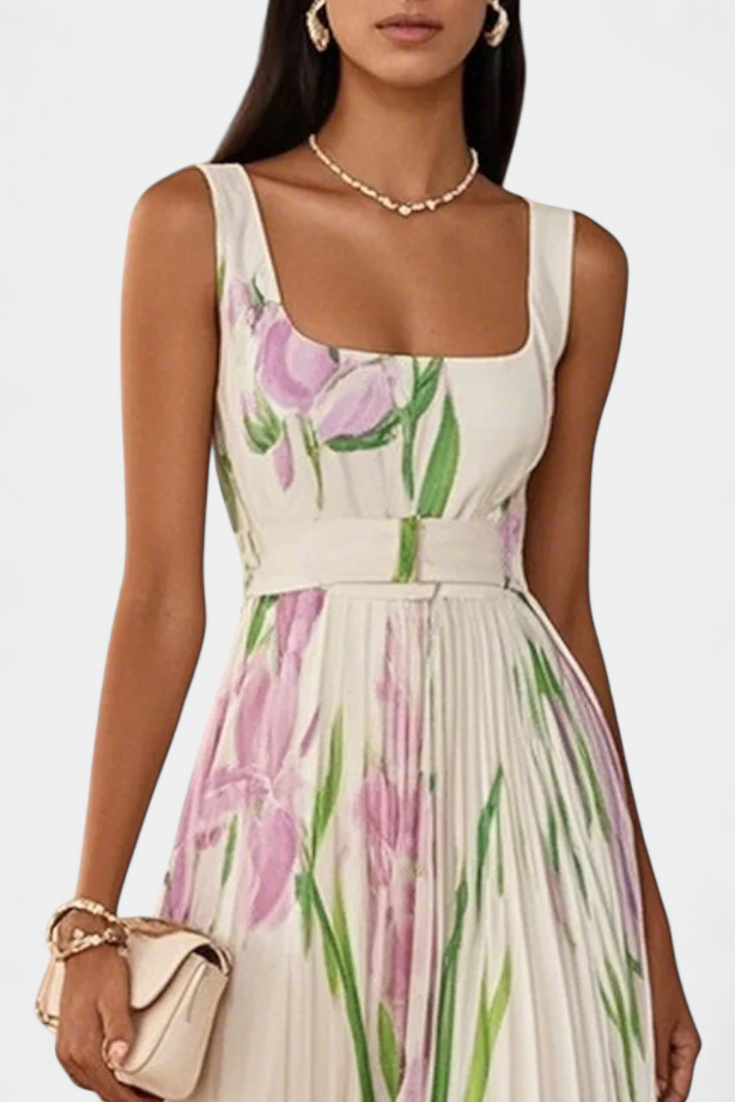 Calanthe Robe Longue en Chiffon Plissé à Imprimé Floral