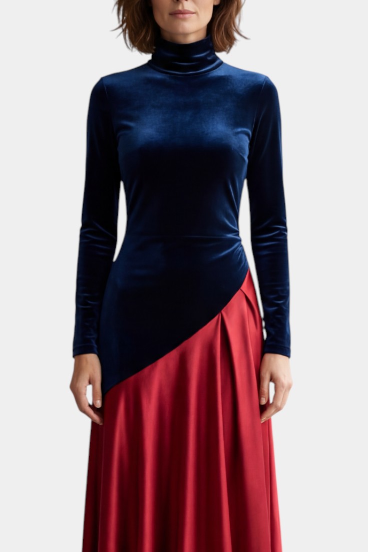 Camryn Robe Longue en Velours et Satin à Blocs de Couleur