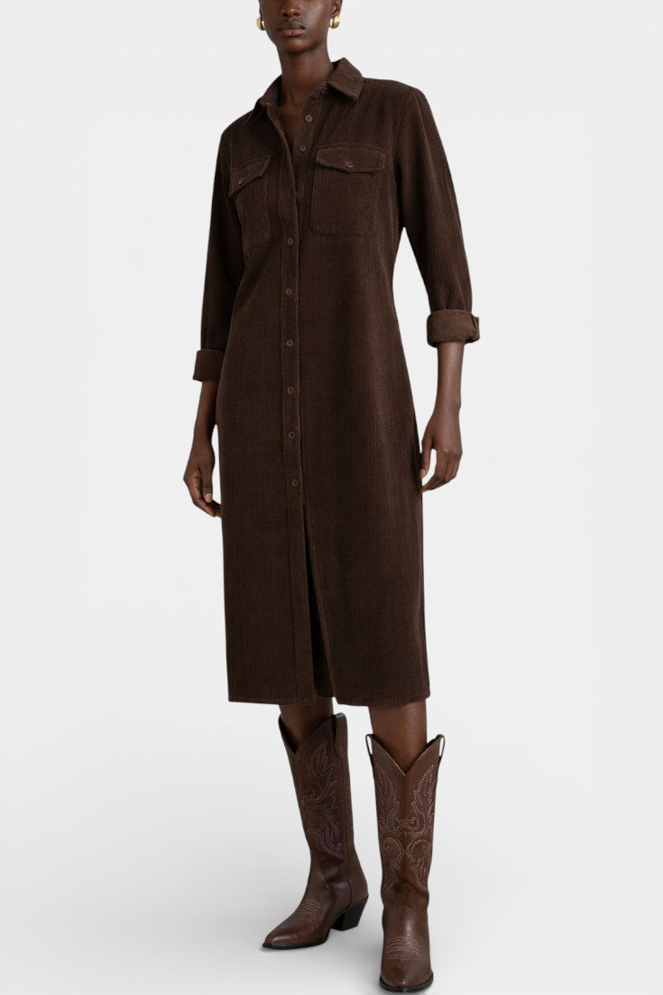 Zarza Robe Midi en Velours Côtelé avec Poches et Boutonnage Classique