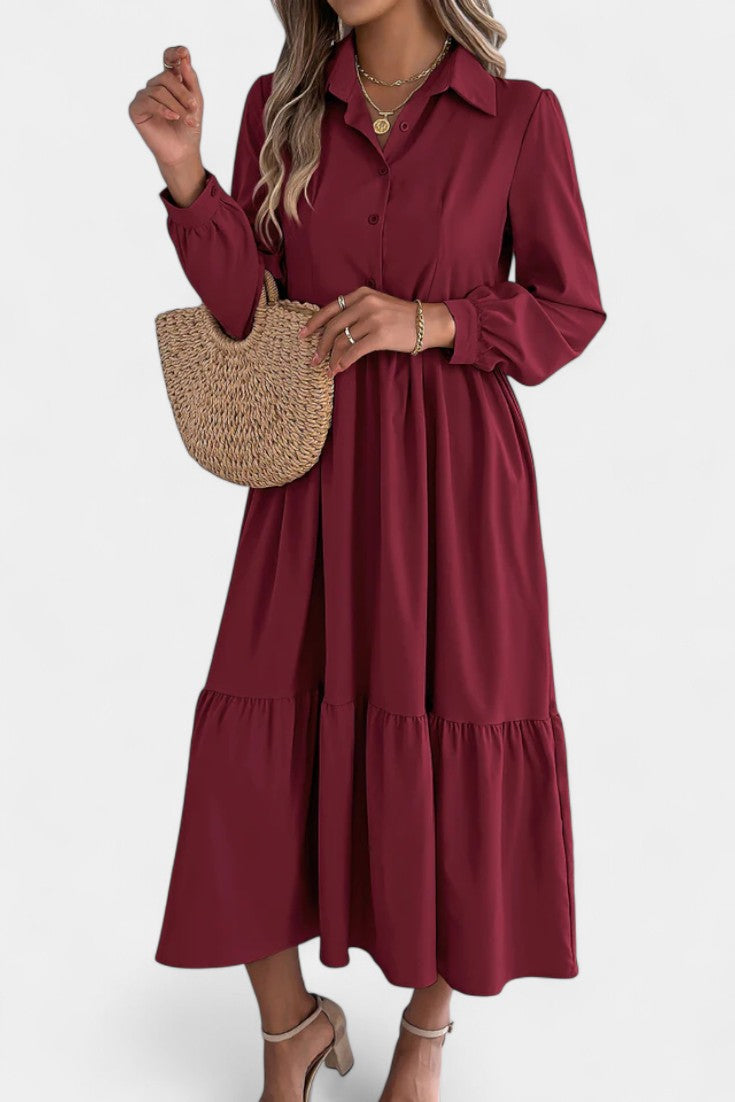 Jessica Robe Chemise Longue à Étages et Manches Longues Boutonnée