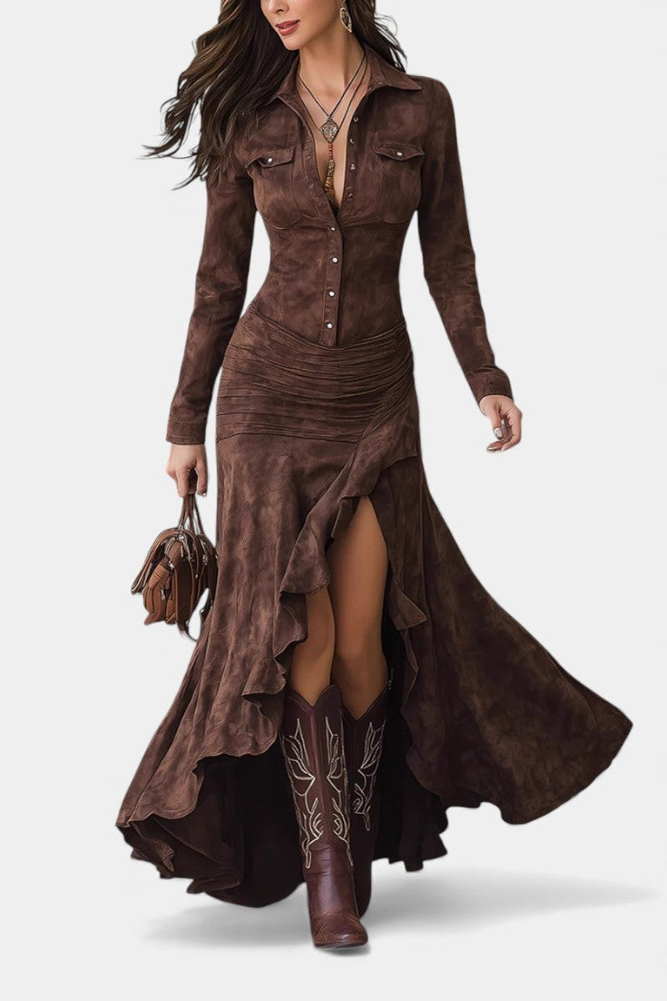 Tilda Robe Longue Marron Rétro à Volants Irréguliers