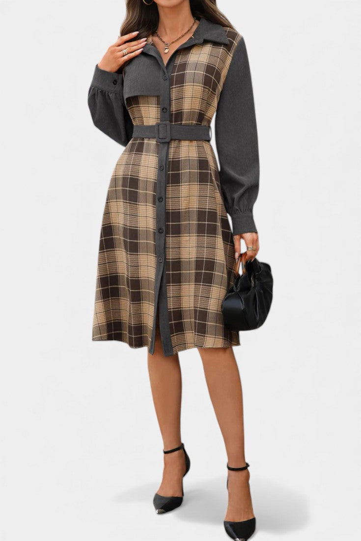 Naïla Robe Chemise Mi-Longue à Carreaux Patchwork Ceinturée