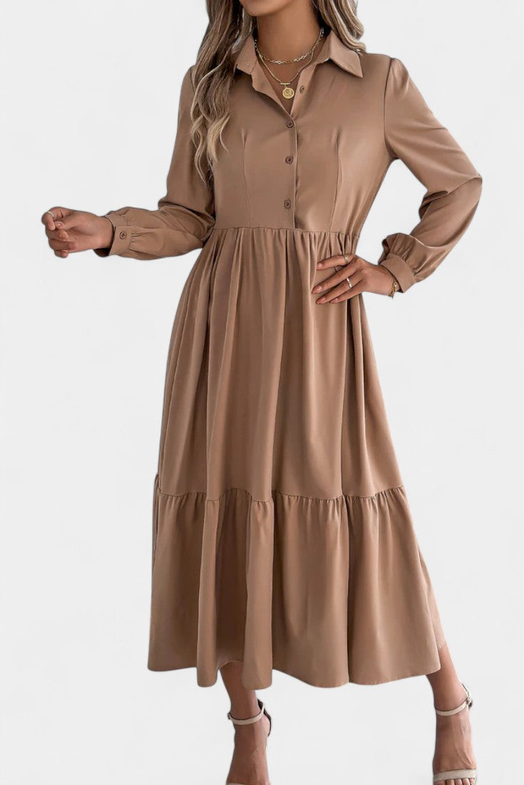 Jessica Robe Chemise Longue à Étages et Manches Longues Boutonnée