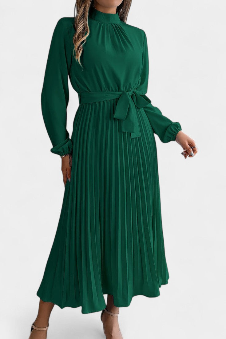 Morgane Robe Plissée à Col Montant Froncé et Taille Nouée