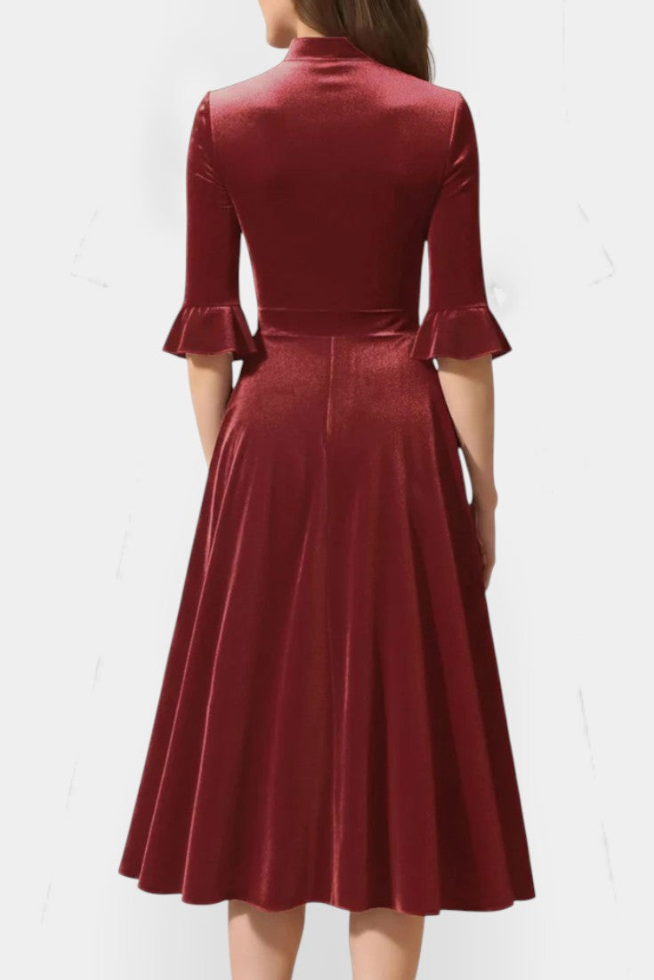 Domitille Robe Midi Vintage en Velours avec Manches Volantées et Nœud Élégant