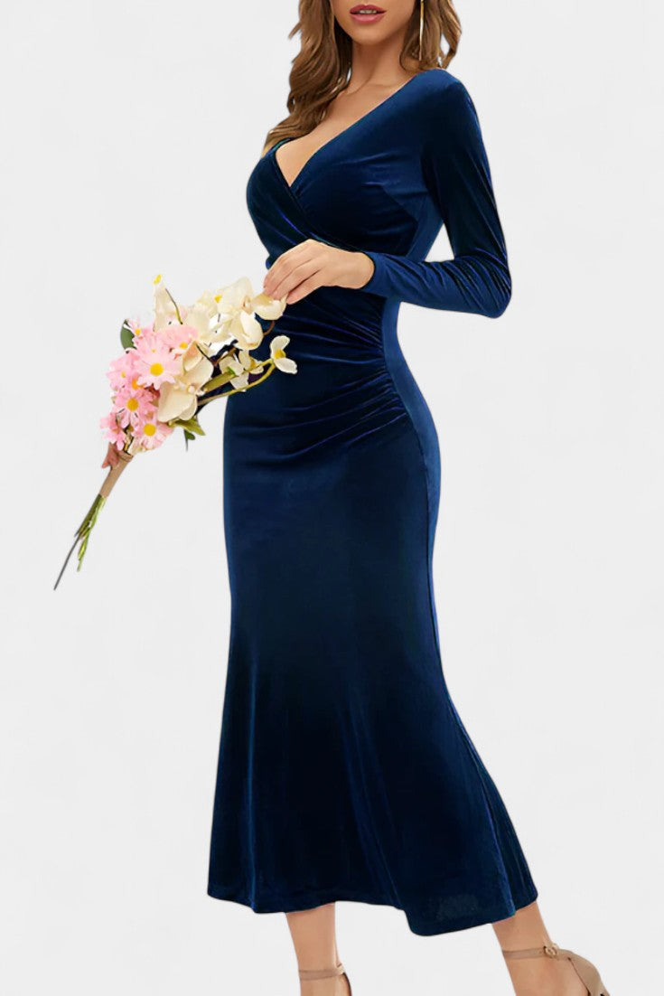 Hespérie Robe Longue en Velours à Fronces Asymétriques et Ourlet Sirène