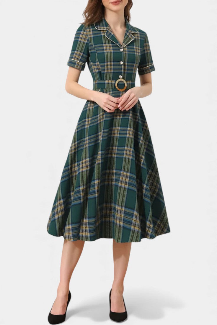 Lylas Robe Midi Vintage à Carreaux avec Revers Tailleur, Poches et Ceinture