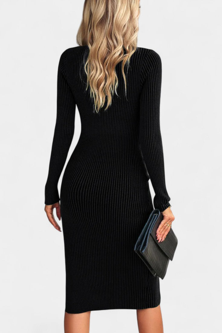 Élarine Robe Pull Midi Côtelée à Fente et Coupe Ajustée