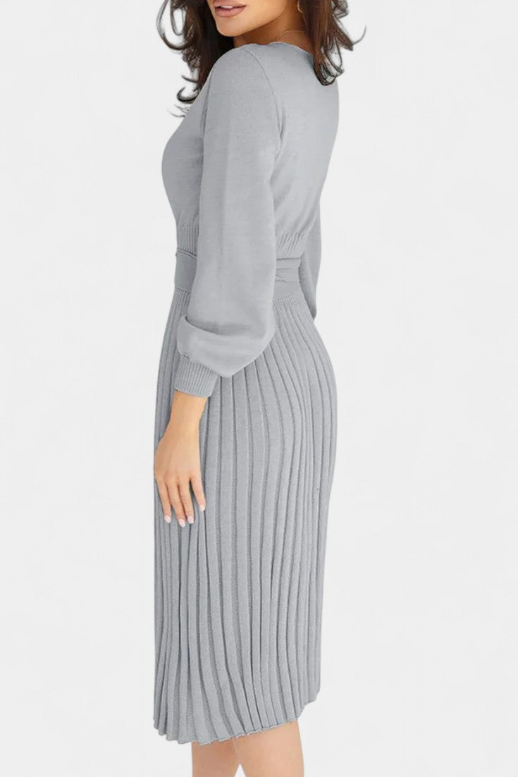 Chloéria Robe Pull Midi Plissée à Ceinture et Maille Côtelée