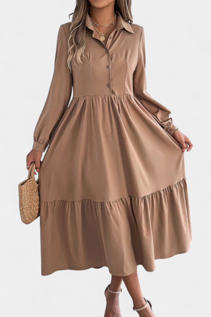 Jessica Robe Chemise Longue à Étages et Manches Longues Boutonnée