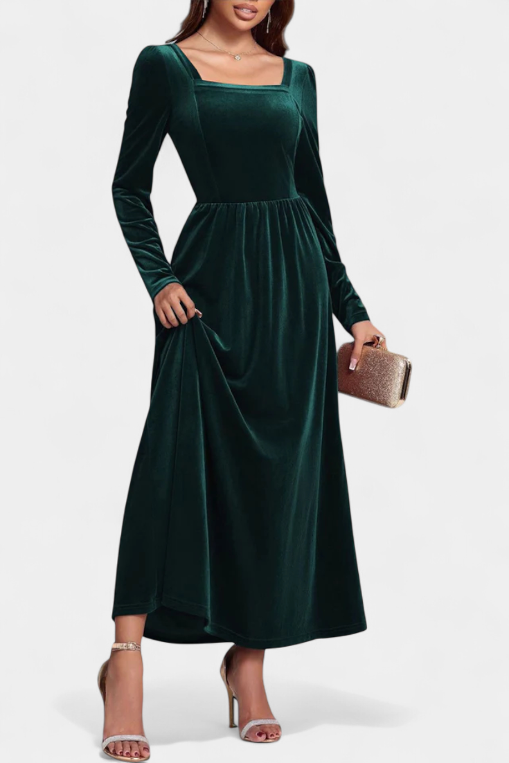 Stéphanie Robe Longue en Velours à Dos Nu et Col Carré