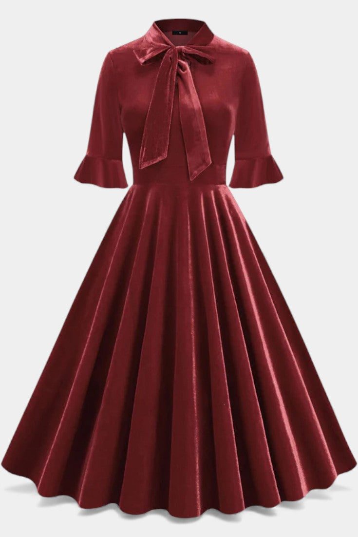 Domitille Robe Midi Vintage en Velours avec Manches Volantées et Nœud Élégant