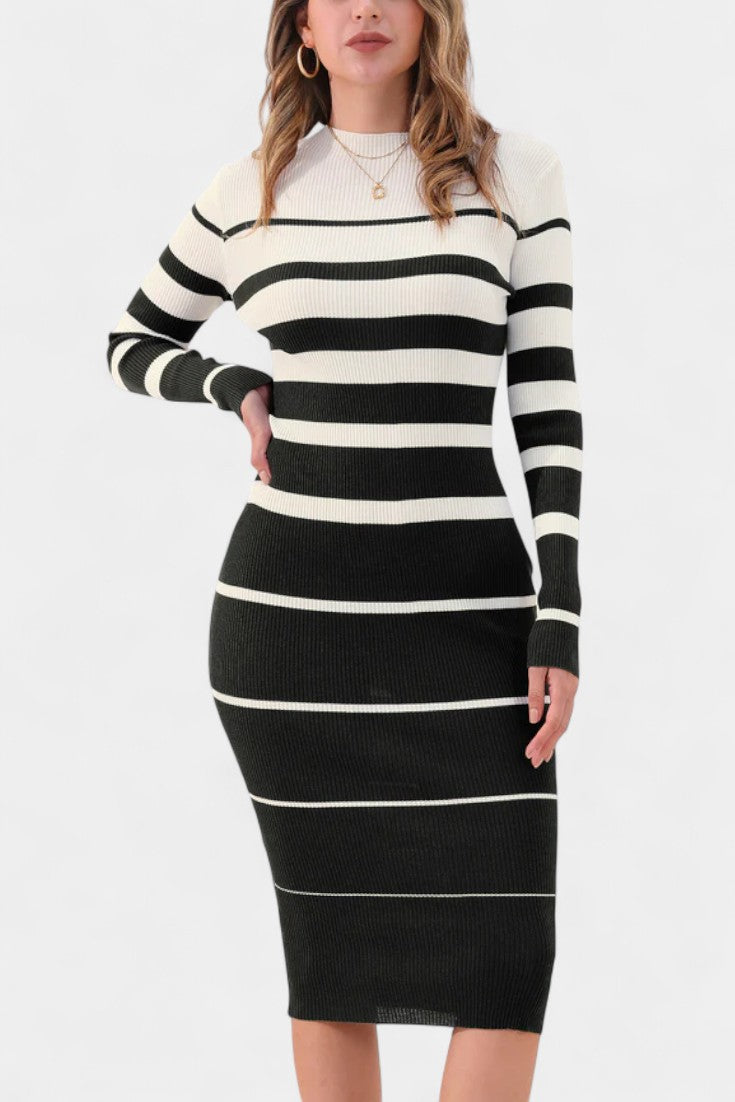 Azelyne Robe Pull Midi Tricotée à Rayures et Coupe Ajustée