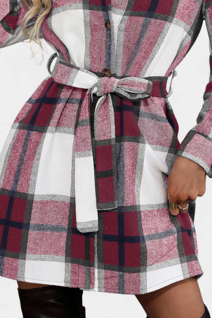 Masia Robe Chemise Mini à Carreaux avec Ceinture Ajustable