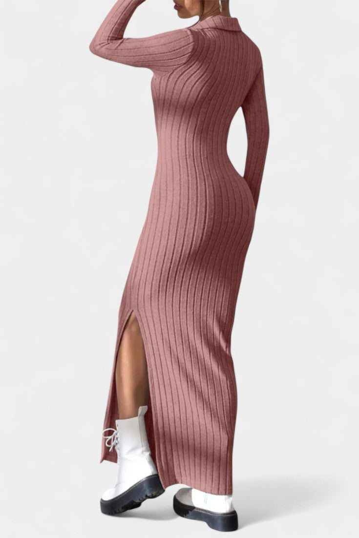 Élidia Robe Maxi Fendue à Col en V et Silhouette Ajustée