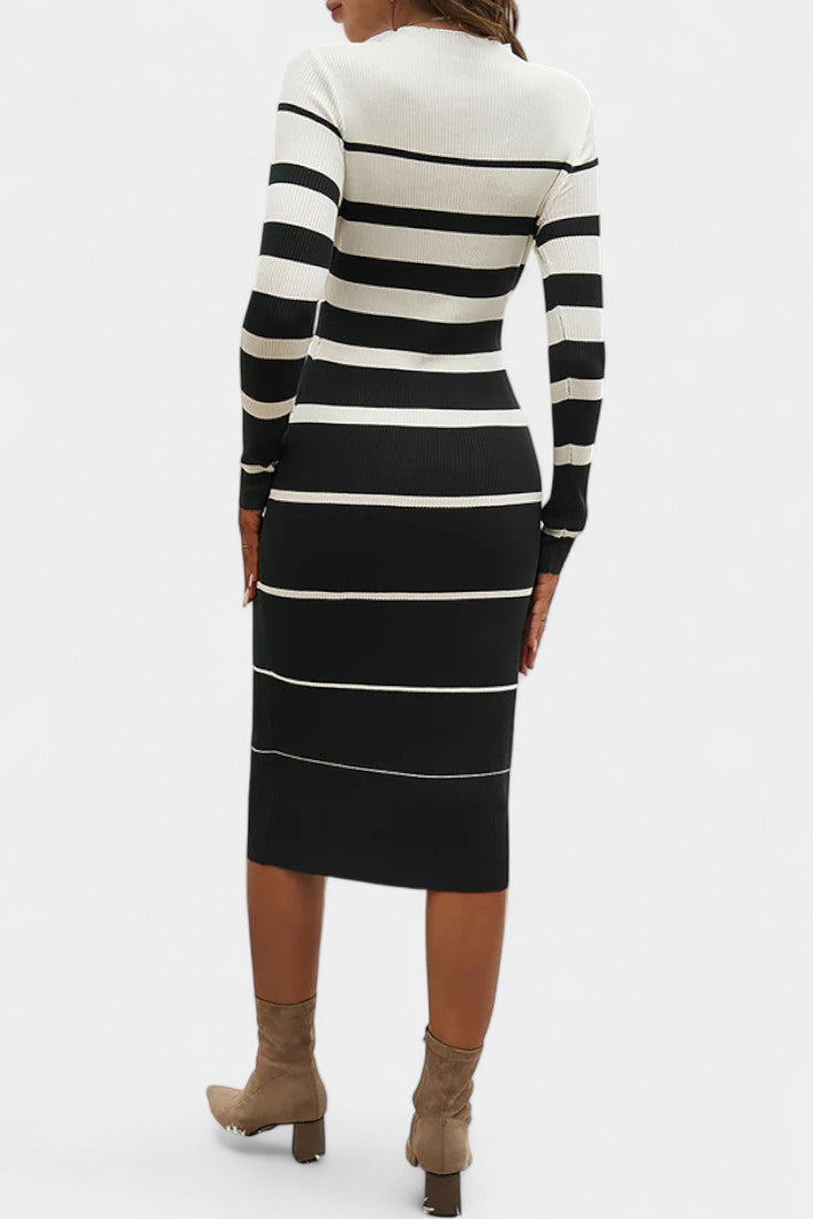 Azelyne Robe Pull Midi Tricotée à Rayures et Coupe Ajustée