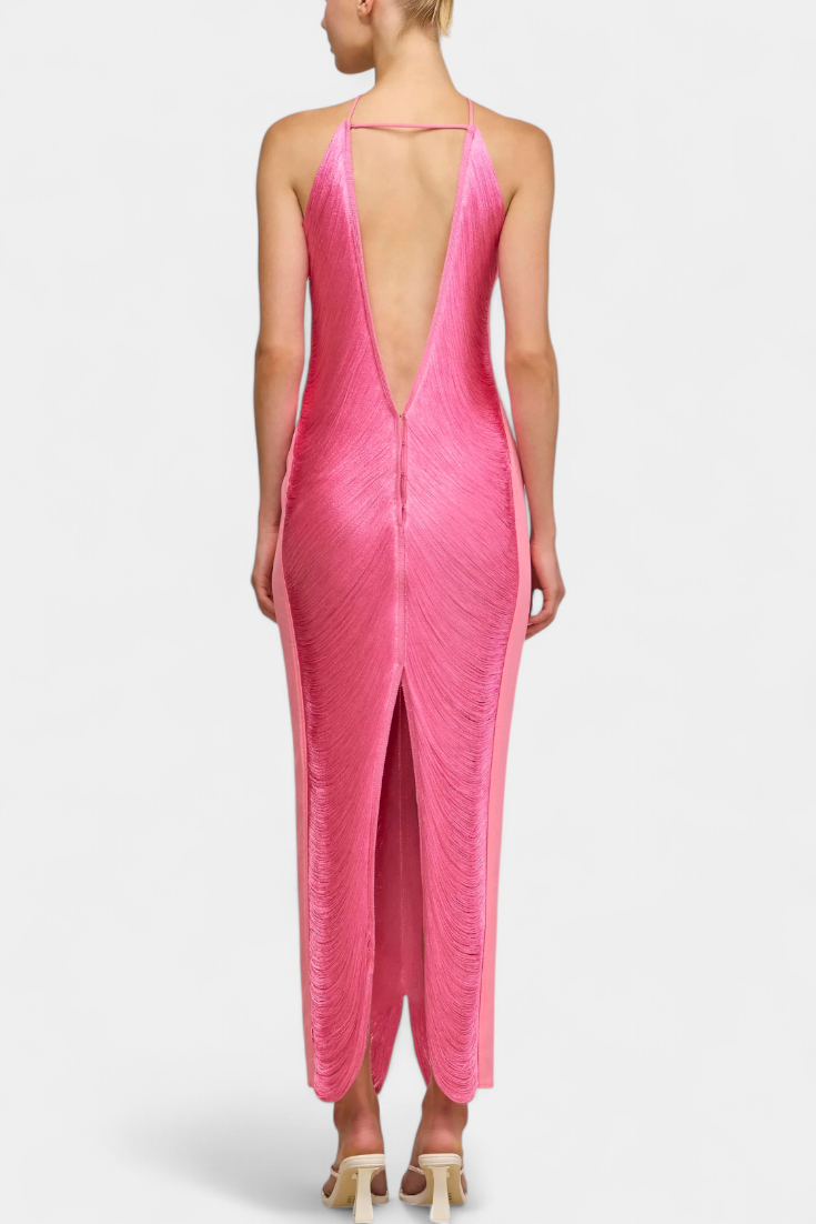 Jianna Robe Halter à Franges Dorées et Dos Nu Sophistiqué