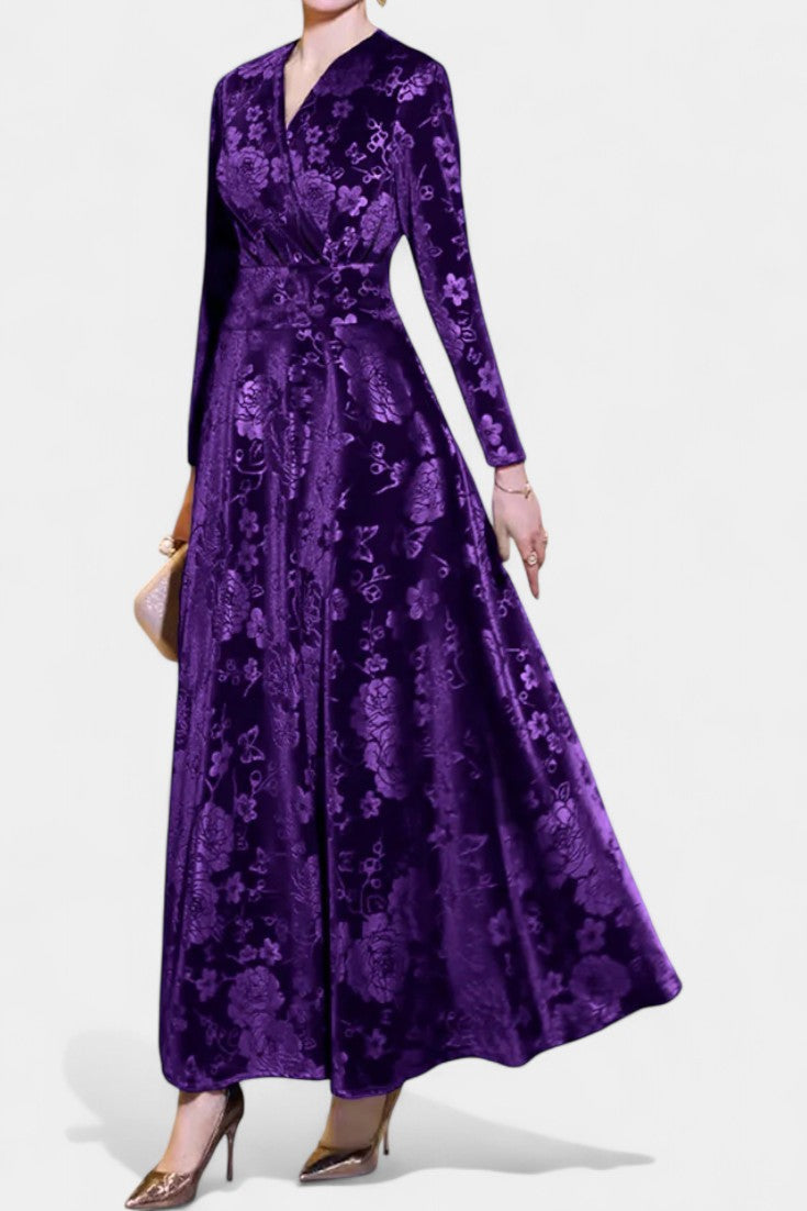 Ombeline Robe Longue en Velours à Col V et Motif Floral Texturé