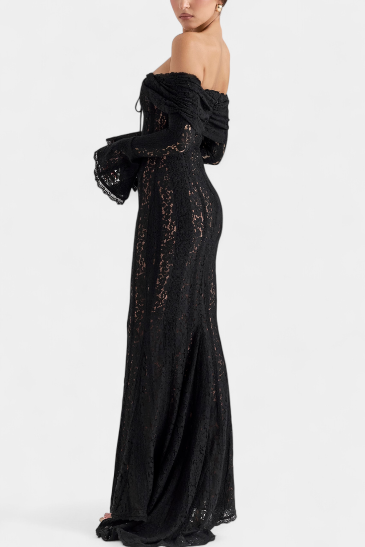 Rosalie Robe Taille Haute en Dentelle Off-Shoulder et Manches Évasées