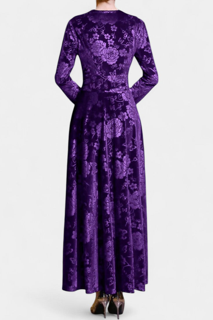 Ombeline Robe Longue en Velours à Col V et Motif Floral Texturé