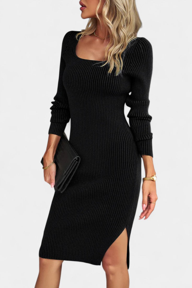 Élarine Robe Pull Midi Côtelée à Fente et Coupe Ajustée