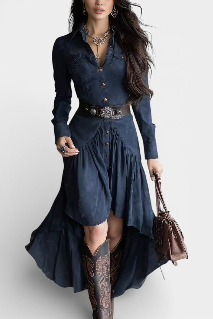 Kélia Robe Midi Rétro à Ourlet Asymétrique & Poches à Rabat