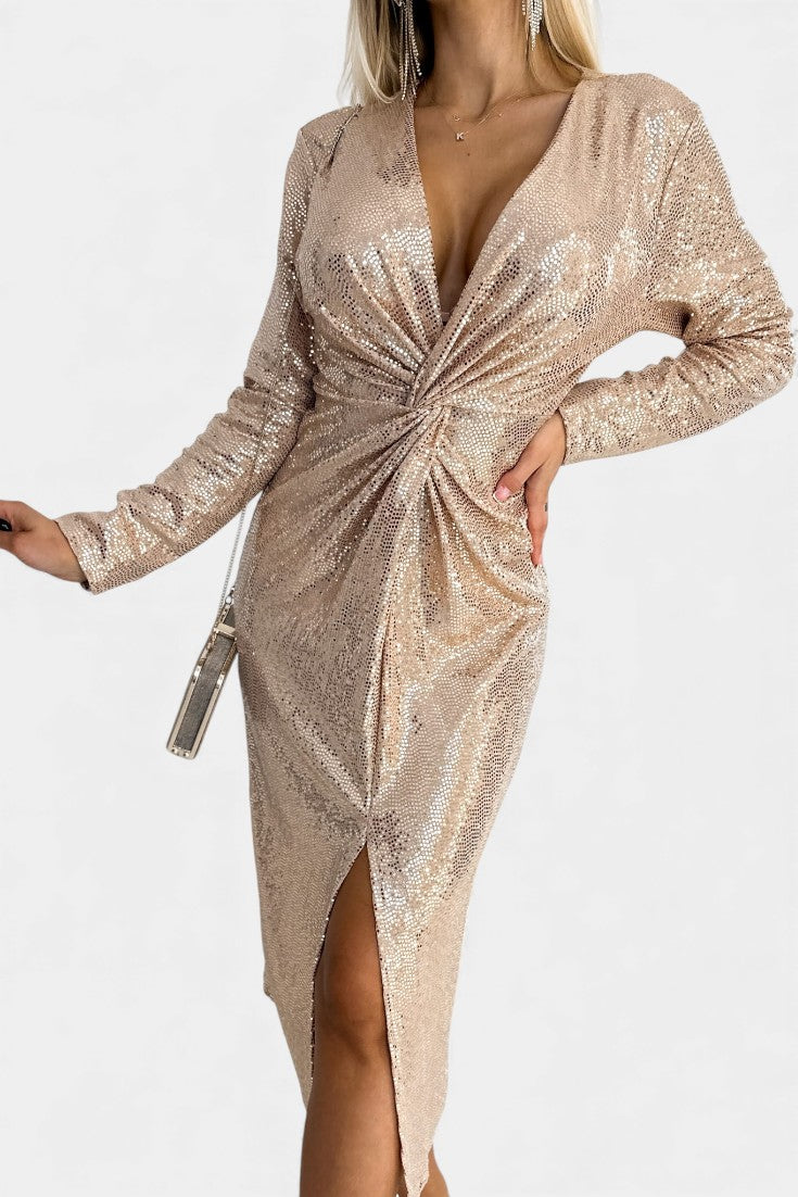 Sofina Robe Pailletée à Décolleté en V et Fente Élégante