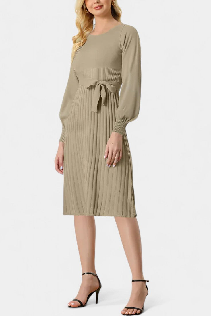 Chloéria Robe Pull Midi Plissée à Ceinture et Maille Côtelée