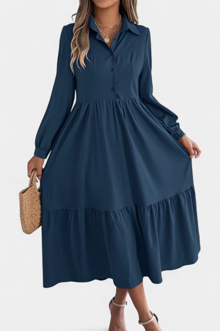 Jessica Robe Chemise Longue à Étages et Manches Longues Boutonnée