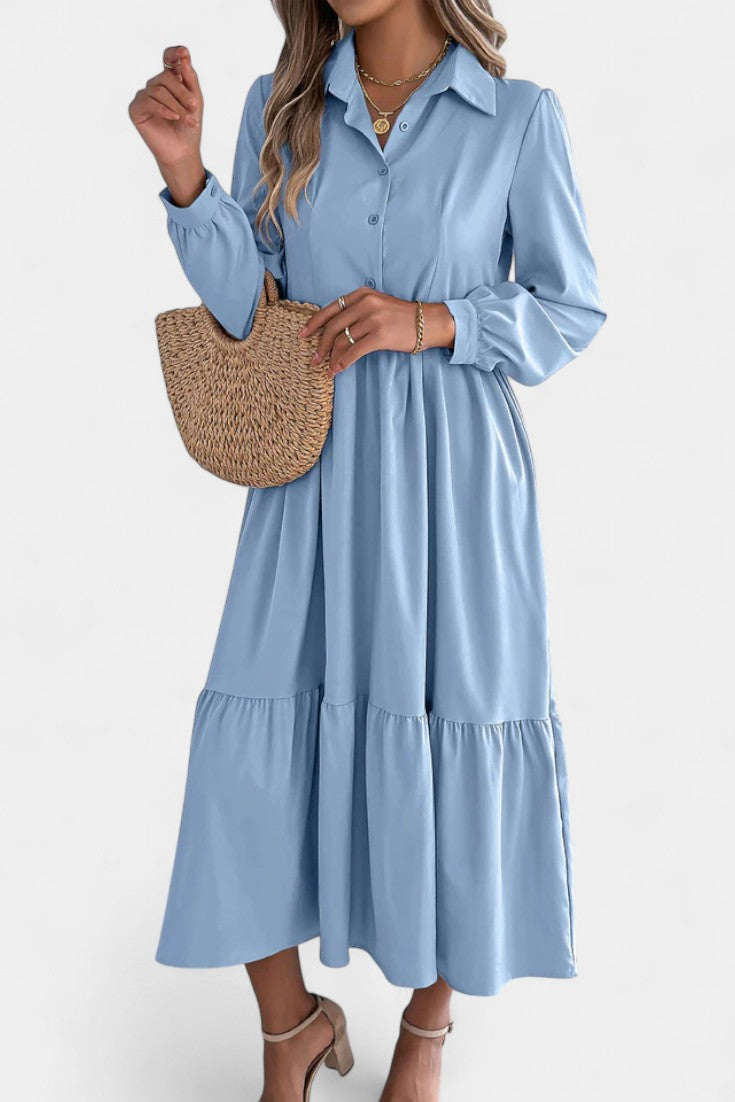 Jessica Robe Chemise Longue à Étages et Manches Longues Boutonnée