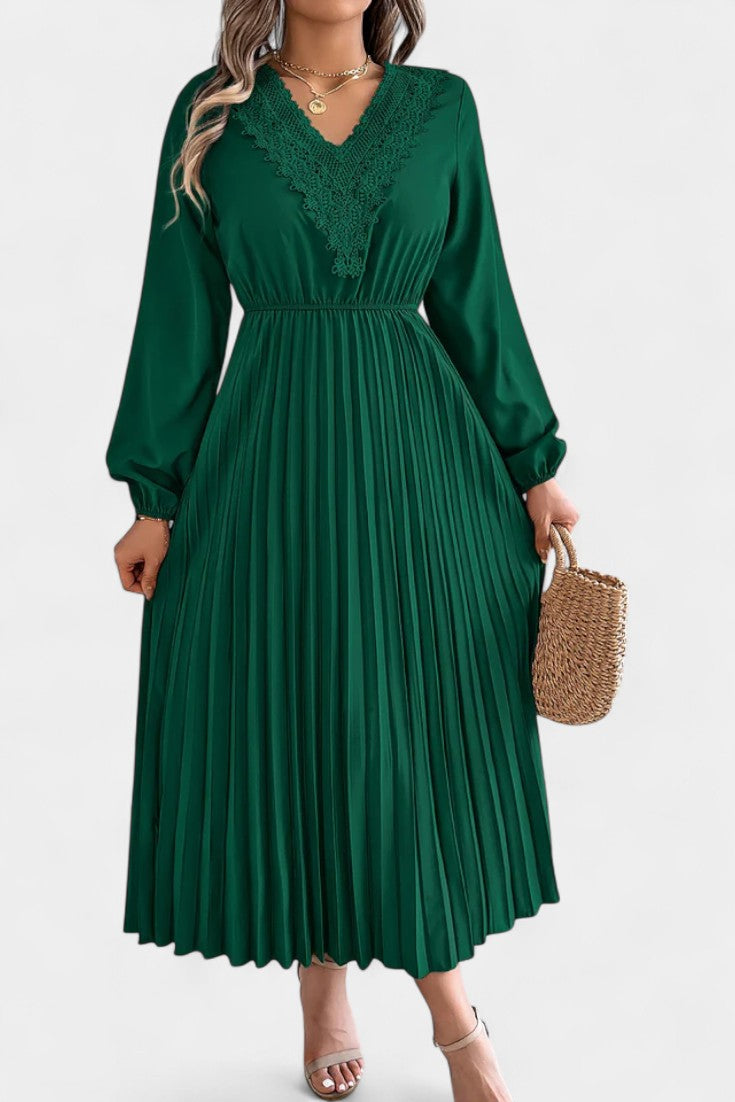 Séverine Robe Plissée en Dentelle à Manches Longues Bouffantes et Encolure en V