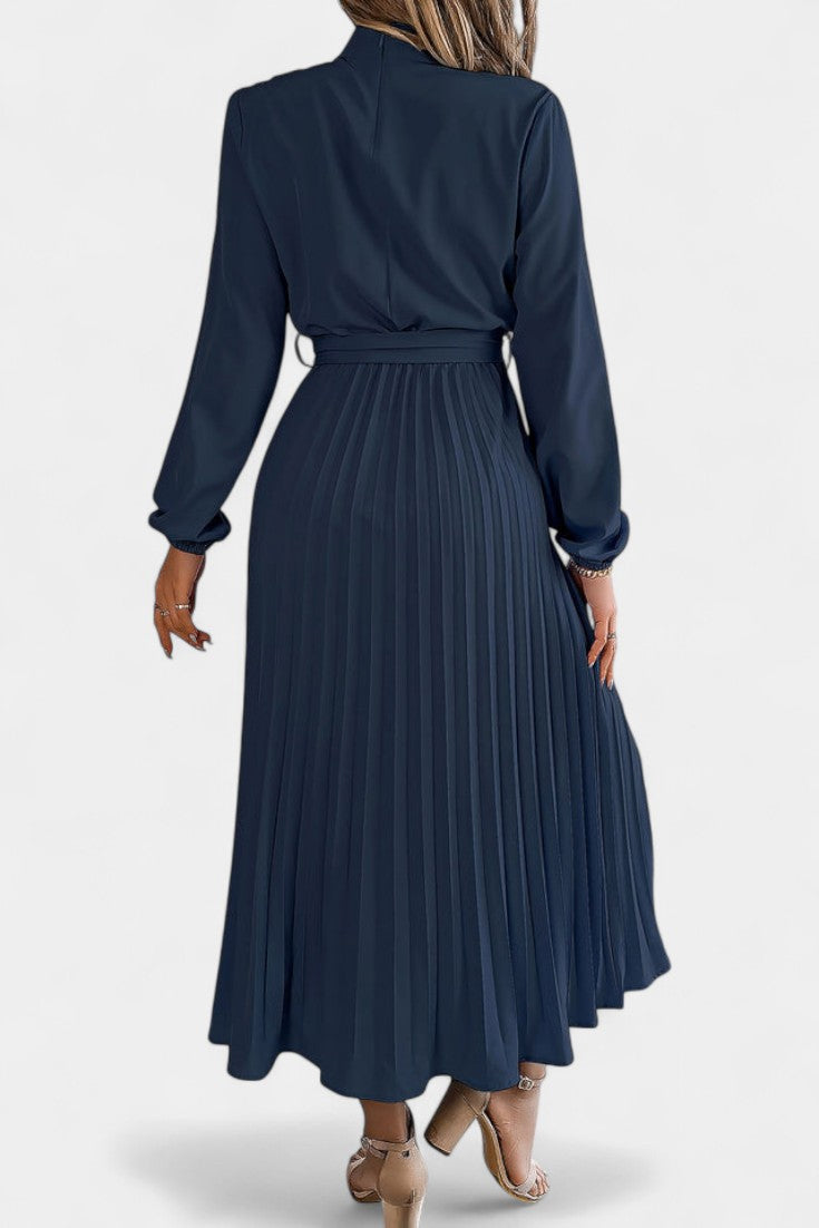 Morgane Robe Plissée à Col Montant Froncé et Taille Nouée