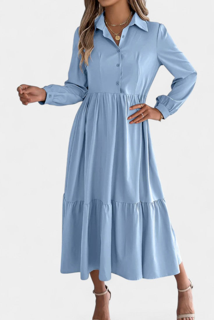 Jessica Robe Chemise Longue à Étages et Manches Longues Boutonnée